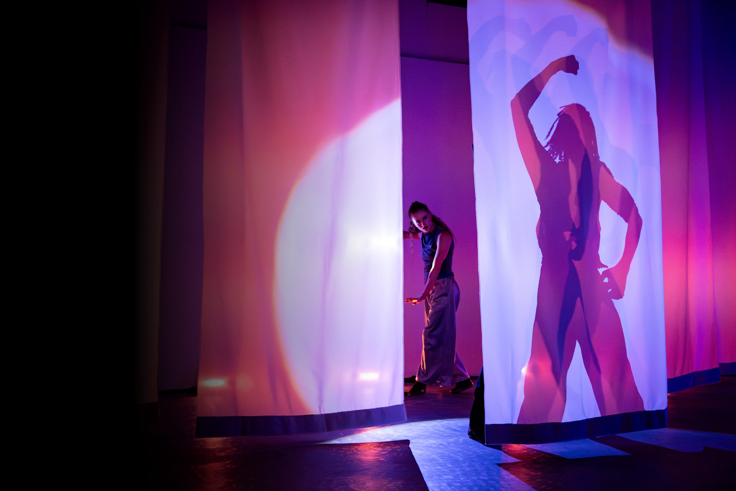 A dancer among illuminated scrim banners with a projected silhouette — The Still Point