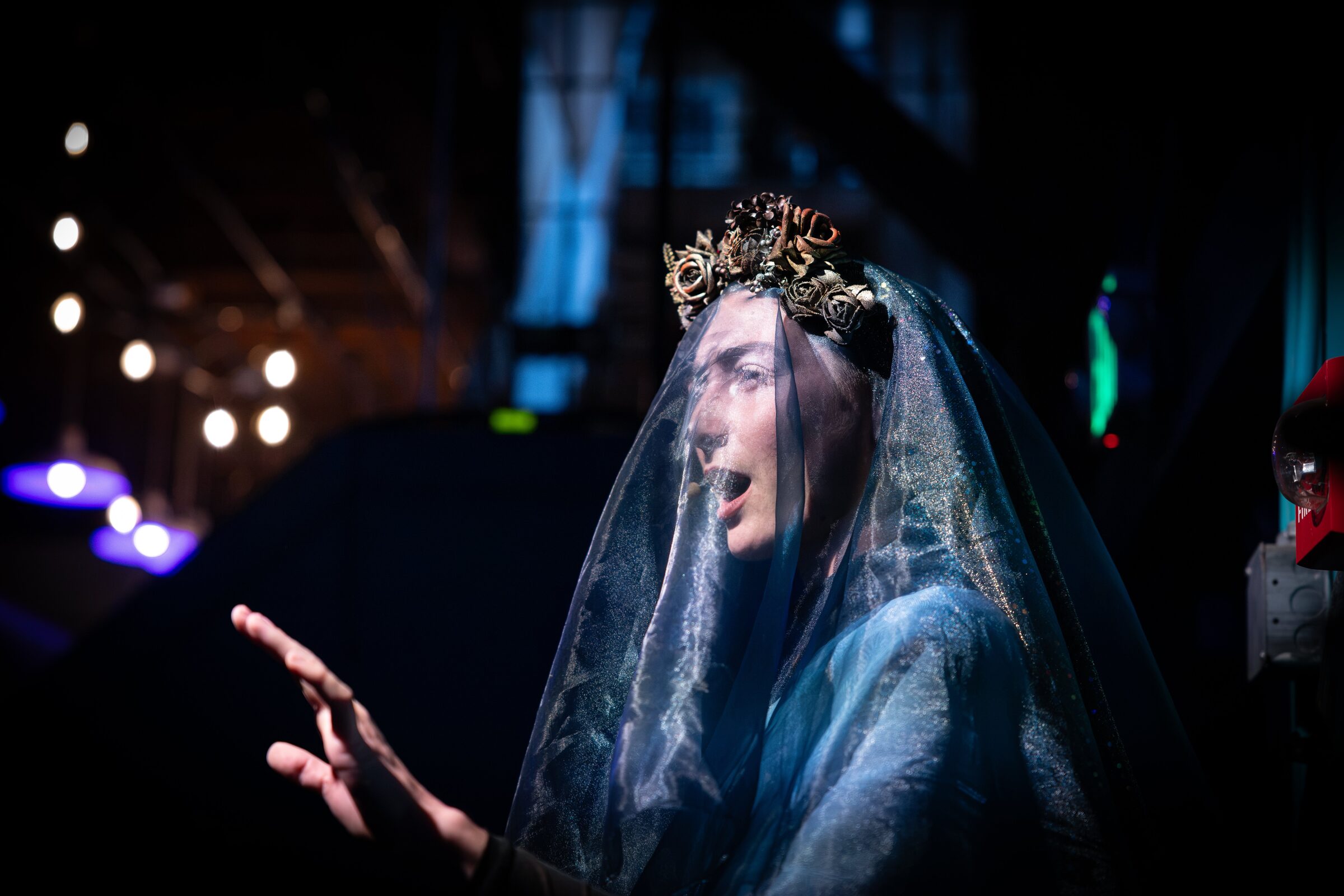 A veiled figure crowned in dried roses, singing in blue light — The Still Point